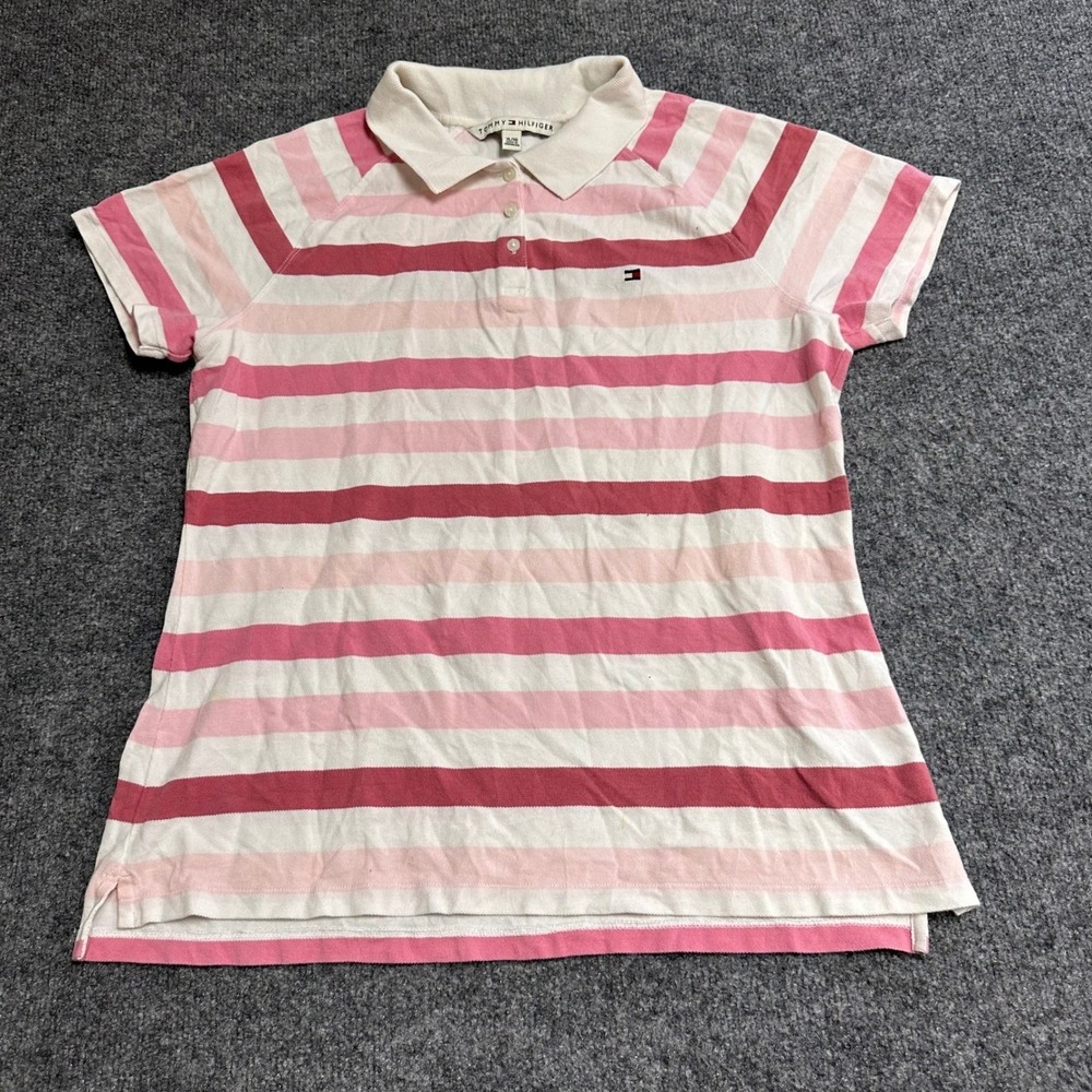 Tommy Hilfiger Polo Womens XL Pink Striped Cotton Classic Fit Short Sleeve Shirt